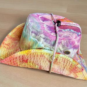 Custom Ice Dyed Sun hat, Safari Hat, Tie Dyed hiking hat, Bucket hat with hurricane strap, Hand Dyed Boonie Hat, Boating Hat, Fishing Hat, JUBILANT L/XL