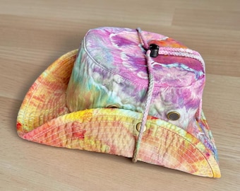 Custom Ice Dyed Sun hat, Safari Hat, Tie Dyed hiking hat, Bucket hat with hurricane strap, Hand Dyed Boonie Hat, Boating Hat, Fishing Hat,