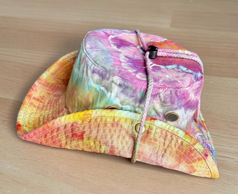 Custom Ice Dyed Sun hat, Safari Hat, Tie Dyed hiking hat, Bucket hat with hurricane strap, Hand Dyed Boonie Hat, Boating Hat, Fishing Hat, JUBILANT L/XL