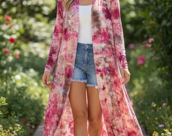 Ice Dyed Long Duster Cardigan, Lightweight and stretchy, Hand Dyed