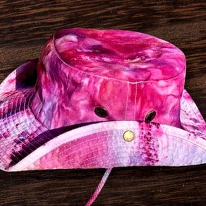 Custom Ice Dyed Sun hat, Safari Hat, Tie Dyed hiking hat, Bucket hat with hurricane strap, Hand Dyed Boonie Hat, Boating Hat, Fishing Hat, GRAPEVINE S/M