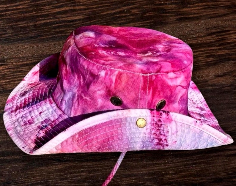 Custom Ice Dyed Sun hat, Safari Hat, Tie Dyed hiking hat, Bucket hat with hurricane strap, Hand Dyed Boonie Hat, Boating Hat, Fishing Hat, GRAPEVINE S/M