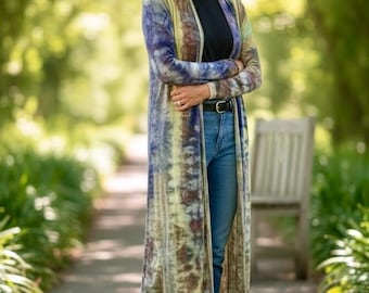 Ice Tie Dye Long Cardigan, Hand Dyed Duster, size Medium, lightweight stretch material