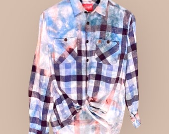 Repurposed Country flannel shirt, Ice Dyed and Distressed, feed sack/flour sack appliqué, Hand Dyed