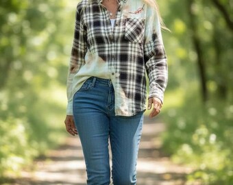 Ice Dyed Distressed Flannel Shirt, men’s Small, Women’s Medium
