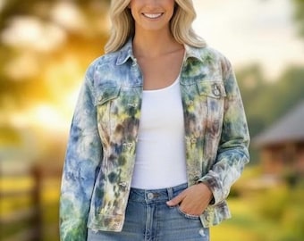 Ice Tie Dye Denim Jacket, Hand Dyed Jean Jacket, Women’s Size XL