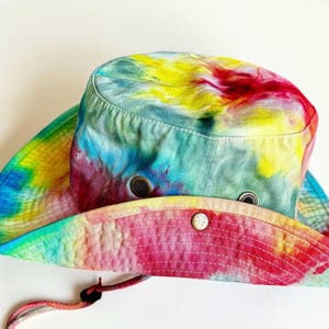 Custom Ice Dyed Sun hat, Safari Hat, Tie Dyed hiking hat, Bucket hat with hurricane strap, Hand Dyed Boonie Hat, Boating Hat, Fishing Hat, SUMMER HOLIDAY L/XL