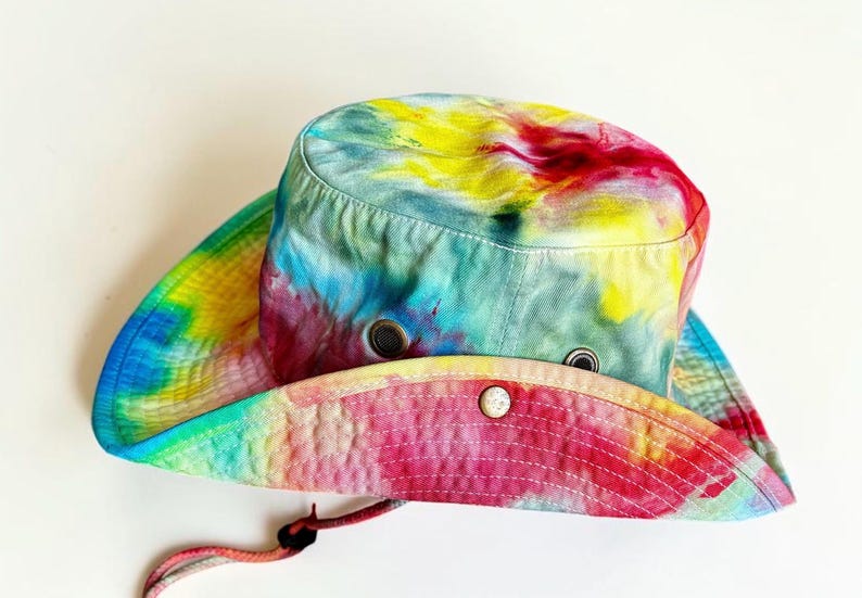 Custom Ice Dyed Sun hat, Safari Hat, Tie Dyed hiking hat, Bucket hat with hurricane strap, Hand Dyed Boonie Hat, Boating Hat, Fishing Hat, SUMMER HOLIDAY L/XL