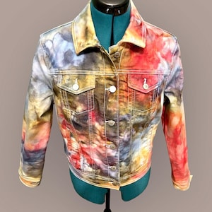 Festival Tie Dye Jean Jacket, Women’s Large, Hand Dyed, Ice Dyed Denim Jacket