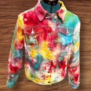 Hippie Tie Dye denim jacket, Vivid Festival Jean Jacket, Large Hand Ice Dyed Jacket