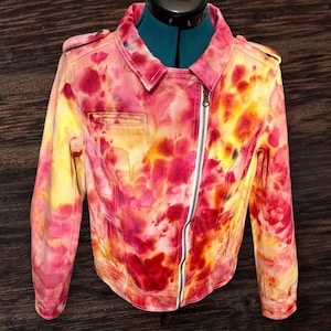 Flames Denim Biker Jacket, Hand Dyed, Tie Dye, Ice Dyed Medium Jean Jacket