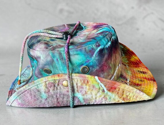 Custom Ice Dyed Sun hat, Safari Hat, Tie Dyed hiking hat, Bucket hat with hurricane strap, Hand Dyed Boonie Hat, Boating Hat, Fishing Hat,