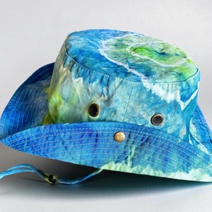Custom Ice Dyed Sun hat, Safari Hat, Tie Dyed hiking hat, Bucket hat with hurricane strap, Hand Dyed Boonie Hat, Boating Hat, Fishing Hat, BLUE GREEN L/XL