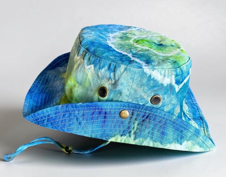 Custom Ice Dyed Sun hat, Safari Hat, Tie Dyed hiking hat, Bucket hat with hurricane strap, Hand Dyed Boonie Hat, Boating Hat, Fishing Hat, BLUE GREEN L/XL