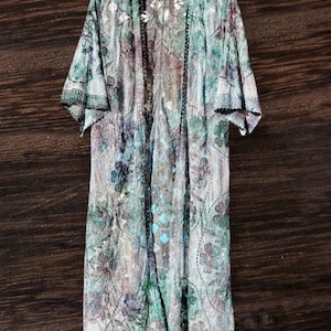 Floor Length Kimono Duster, Hand Dyed, Tie Dye, Ice Dyed Medium open cardigan, Beach cover up