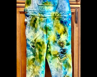 Tie Dye overalls, Men’s Size 32, Hand Dyed Bohemian Ice Dye Denim full length overalls Artist