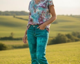 Women’s Hand Dyed Jeans and Blouse, 2 piece set, Size 16, Ice Tie Dyed