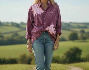 Medium distressed Flannel Shirt,  Frayed hem, reverse tie dye Button Down Shirt