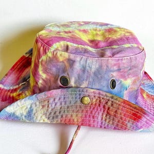 Custom Ice Dyed Sun hat, Safari Hat, Tie Dyed hiking hat, Bucket hat with hurricane strap, Hand Dyed Boonie Hat, Boating Hat, Fishing Hat, CITRUS STEEL L/XL