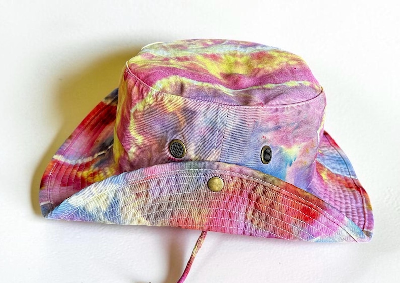 Custom Ice Dyed Sun hat, Safari Hat, Tie Dyed hiking hat, Bucket hat with hurricane strap, Hand Dyed Boonie Hat, Boating Hat, Fishing Hat, CITRUS STEEL L/XL