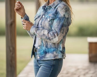 Ice Tie Dye Denim Jacket, Surf's Up Design, Women's Small Jean Jacket