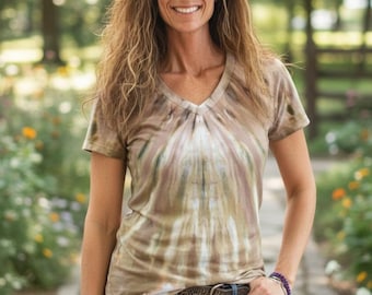 Feather Tie Dye T-shirt, Ice Dyed, Earthy Tones, Medium V-Neck, 100% Cotton tee