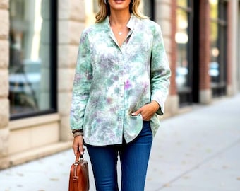 Women’s Hand Dyed Linen Blouse, Ice Dyed, Mandarin Collar Shirt