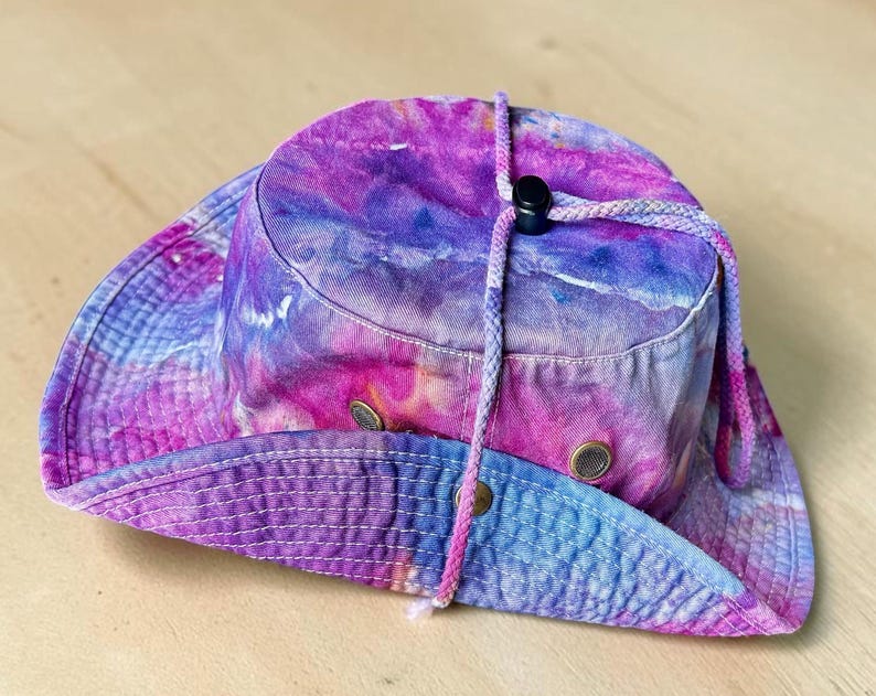 Custom Ice Dyed Sun hat, Safari Hat, Tie Dyed hiking hat, Bucket hat with hurricane strap, Hand Dyed Boonie Hat, Boating Hat, Fishing Hat, BRAZIL BERRY L/XL