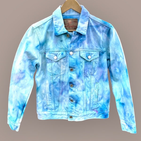 Hand Dyed Ice Dye Denim jacket, lavender and blues, Tie Dye Women’s Medium Jean jacket