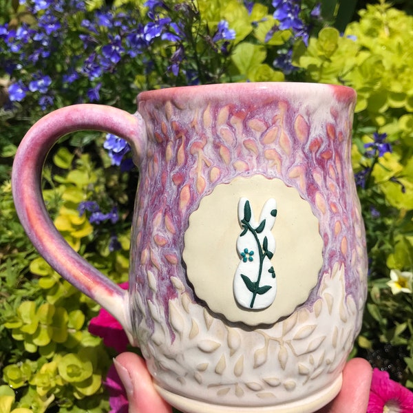 Spring Bunny Mug, Drippy Pink Pottery Mug, Handmade Rabbit Ceramic Mug
