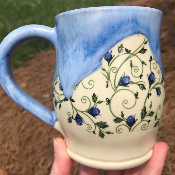 Beautiful Blue Flower Pottery Mug, Handmade Ceramic Flower Mug, Cottage Garden Mug, Blue and White Floral Mug