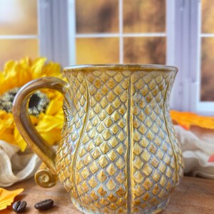 Beautiful Handmade Dragon Scale Pumpkin Pottery Mug, Fall Pumpkin Mug