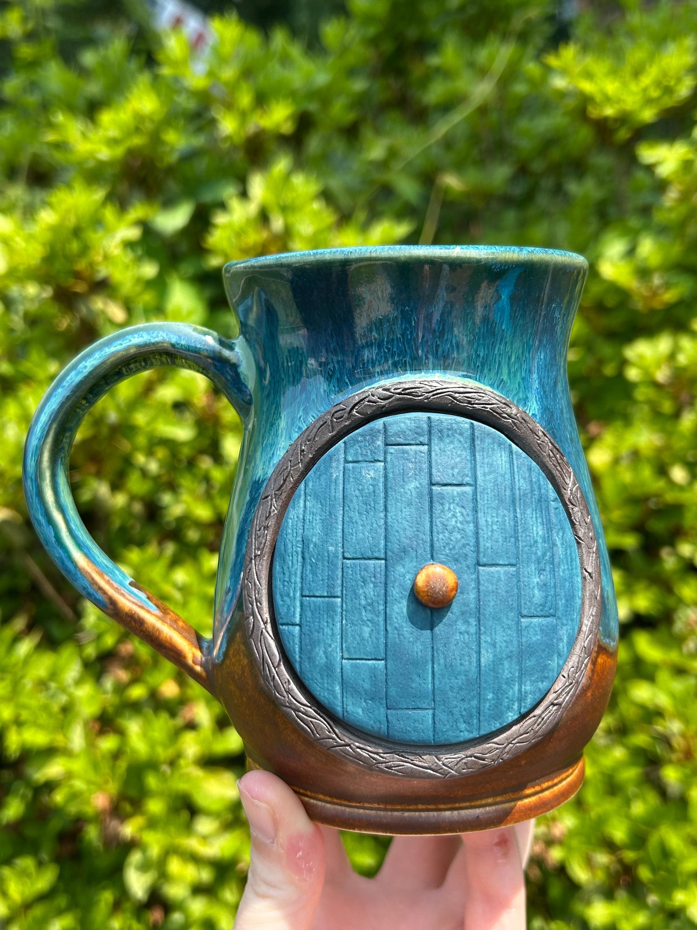 Handmade Blue Halfling Home Pottery Mug, Fantasy Door Mug