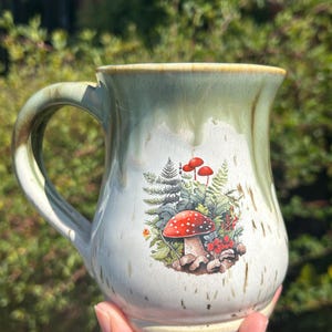 Unique Handmade Whimsical Mushroom Decal Pottery Mug