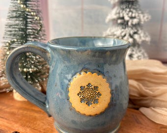 Cozy Handmade Snowflake Pottery Mug, Frosty Blue Winter Mug