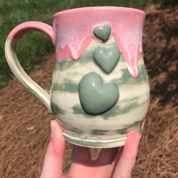 Cute Handmade Heart Pottery mug, Drippy Pink and Green Mug, Green Tinted Clay Mug, Hand Sculpted Heart Mug