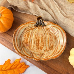 Può includere: Un piatto in ceramica a forma di zucca con uno stelo marrone e un corpo marrone chiaro. Il piatto è su una superficie di legno, con una zucca arancione e foglie d'autunno nelle vicinanze. Per l'arredamento autunnale.