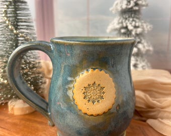 Cozy Handmade Snowflake Pottery Mug, Frosty Blue Winter Mug
