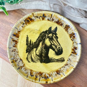 Puede incluir: Un plato redondo de cerámica con una ilustración de un caballo. El plato presenta un centro amarillo con un diseño de cabeza de caballo negro y árbol. El borde tiene un patrón marrón texturizado.