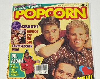 Vintage Old POPCORN Germany Music Magazine, February 1993,Jason Priestley, Ian Ziering,Bon Jovi, Dr. Alban, Luke Perry, Whitney Houston