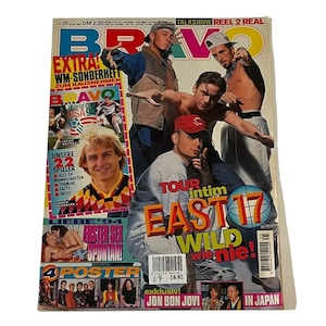 May include: A magazine cover featuring a group of young men, with the title "BRAVO" in large, colorful letters. The cover also features the text "EXTRA! WM-SONDERHEFT ZUM RAUSNEHMEN" and "TOUR intim EAST 17 WILD wie nie!" The magazine is from 1994.