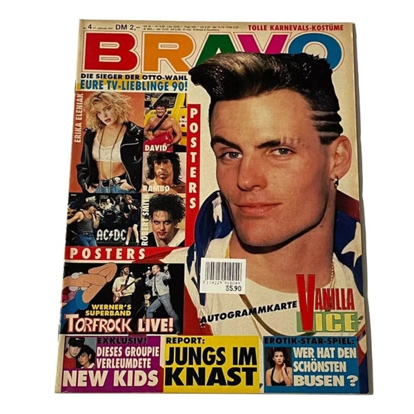 Vintage Rare Bravo Germany Music Magazine, January 1991,Vanilla Ice,Erika Eleniak,Iron Maiden, P.M Sampson, ZZ Top,Die Toten Hosen,Betty Boo