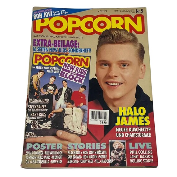 Vintage RARE POPCORN Germany Music Magazine MAY 1990,Tommy Page,Cher,Halo James,Blue Steel Movie,Milli Vanilli, Cher,Sophie Marceau