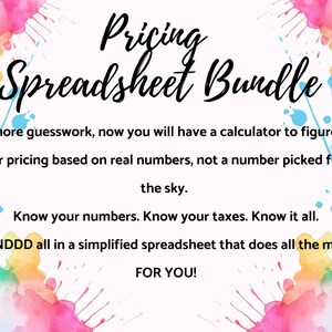 Può includere: Uno sfondo acquerellato colorato con il testo "Pricing Spreadsheet Bundle" in nero. Il testo sottostante recita "Basta con le congetture, ora avrai una calcolatrice per calcolare i tuoi prezzi in base a numeri reali, non a un numero scelto a caso. Conosci i tuoi numeri. Conosci le tue tasse. Conosci tutto. ANNDDD tutto in un foglio di calcolo semplificato che fa tutti i calcoli PER TE!"