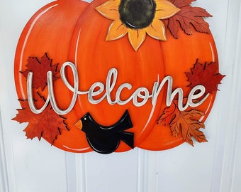 Bienvenido Otoño Calabaza con Hojas y Colgador de Puerta de Pájaro