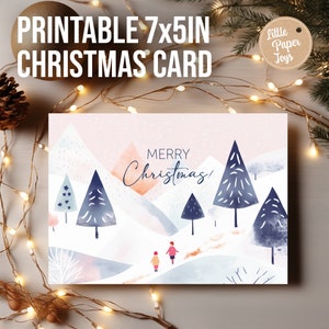 Cartão de férias de Natal para impressão, ilustração abstrata de floresta de inverno, crianças, download digital, PDF, cartão DIY, 7 x 5 polegadas, 178 x 127 mm