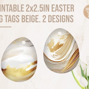 Printable Easter Egg Tags 2 x 2.5 inches, white and gold. Tag layout on US Letter size page, 2 designs, Pdf, Ai, Svg, Eps