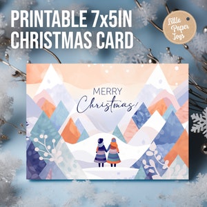 Cartão de férias de Natal para impressão, ilustração abstrata de floresta de inverno, crianças, download digital, PDF, cartão DIY, 7 x 5 polegadas, 178 x 127 mm