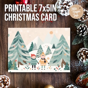 Cartão de férias de Natal para impressão, ilustração abstrata de floresta de inverno, crianças, download digital, PDF, cartão DIY, 7 x 5 polegadas, 178 x 127 mm