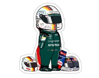 Sebeastian Vettel Cartoon Sticker "Danke Seb" 2"x2" - 3"x3" - 4"x4"- 6"x6" Transparent or White Print